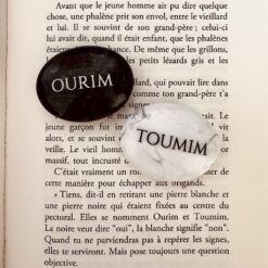 Pierres Ourim et Toumim gravées, posées sur le passage du livre L’Alchimiste expliquant leur signification.