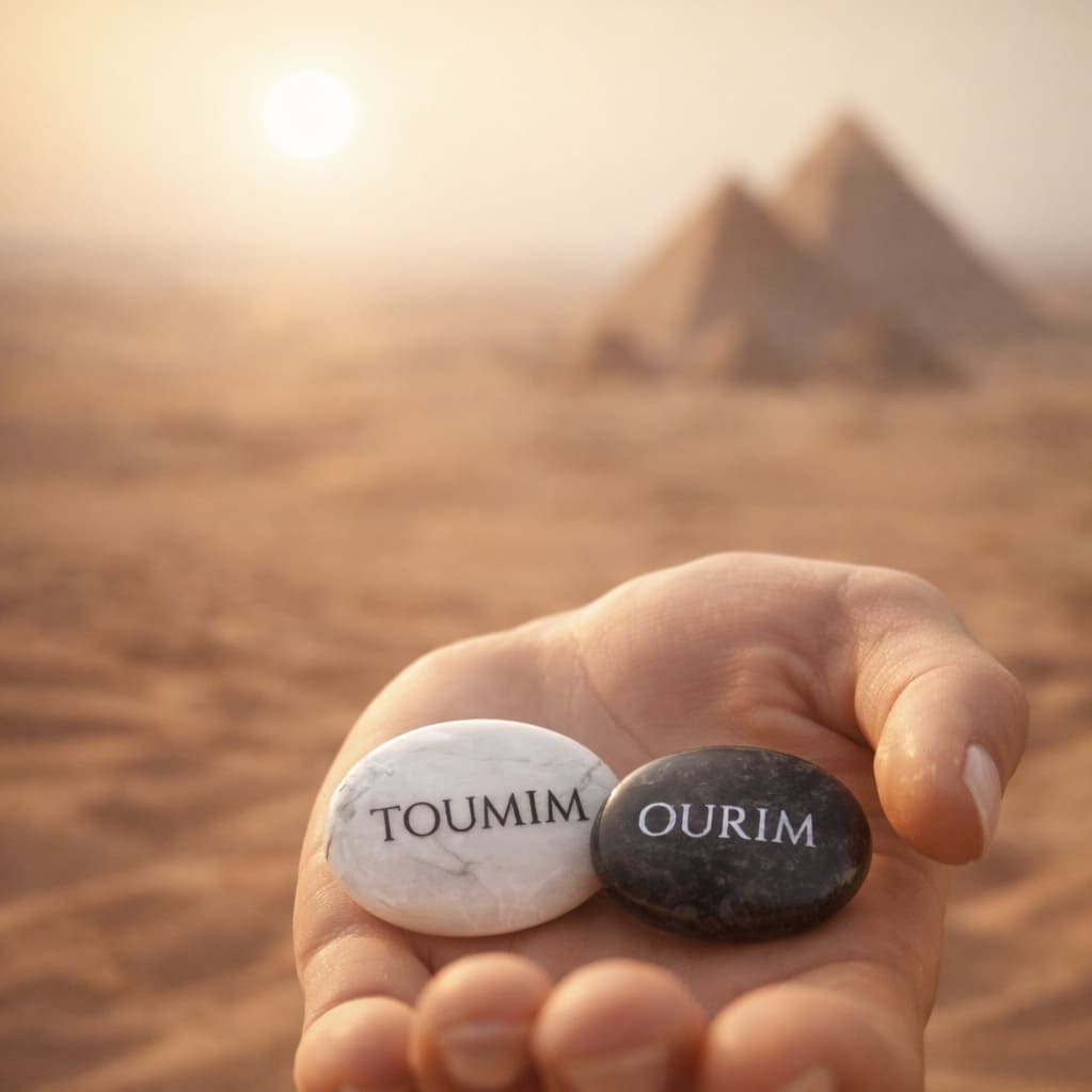 Main tenant les pierres Ourim et Toumim dans un décor désertique symbolique.